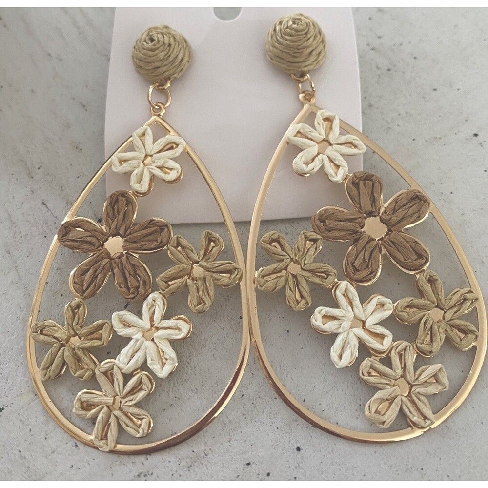 Earrings Gold Large Teardrop W Mocha Tan Ivory Raffia Flowers New